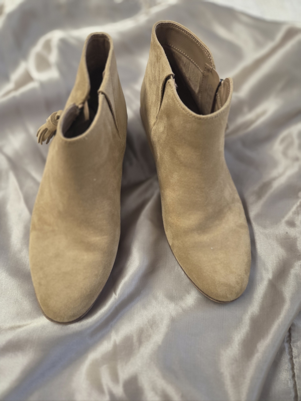 Zodiac Suede Ankle Booties in Light Tan with Tassel